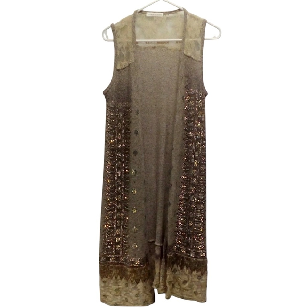 Voice Of California Tand And Brown Beaded Lace Sleeveless Cardigan